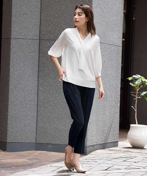 Flolia ブラウス シャツ Vネックボウタイ風シフォン七分袖