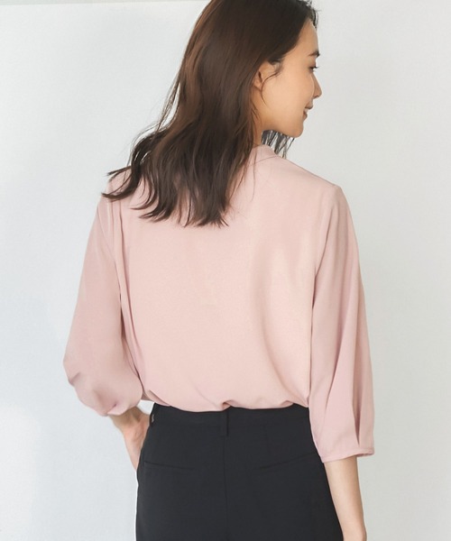 Flolia ブラウス シャツ Vネックボウタイ風シフォン七分袖