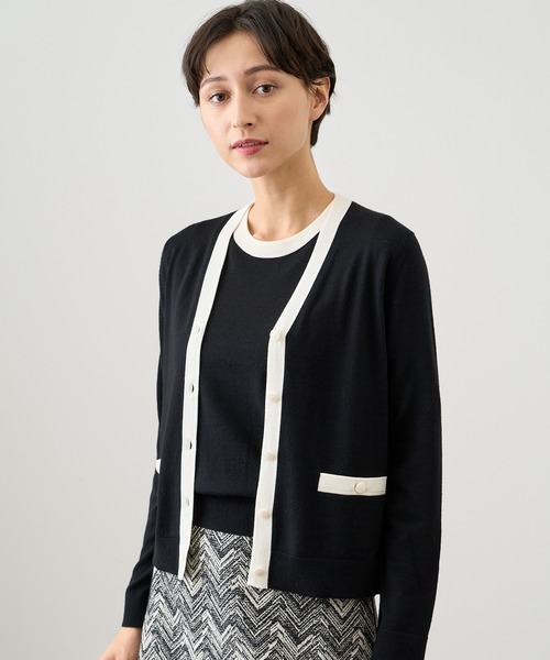 ANAYI カーディガン スーパーメリノ配色Vネック レディース