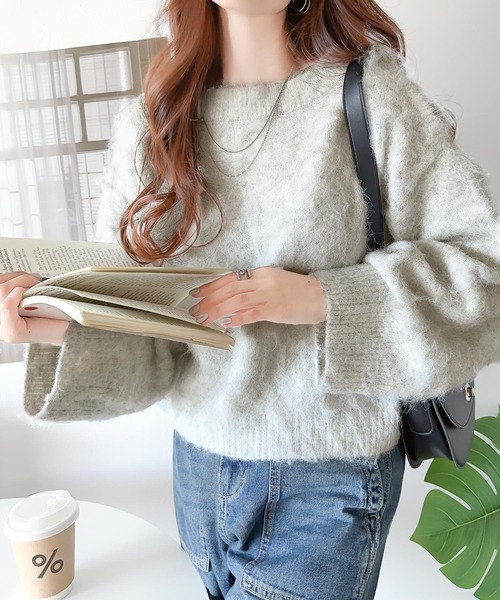 美品ETRÉ ライトブルー ニットセーター バルーンスリーブ 洗える・4サイズ展開】バルーンスリーブニット（XS～L）（ニット