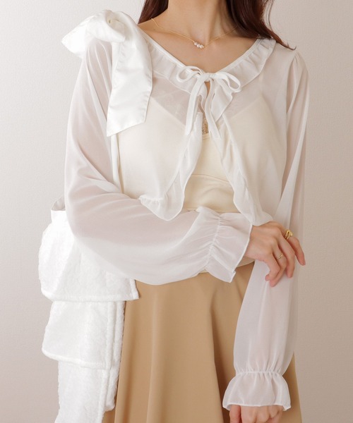 Lace Ladies カーディガン キャンディ袖 シアー フリル ボレロ