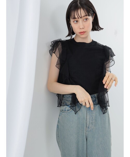 Ray BEAMS tシャツ / チュール レイヤー フリル スリーブ T