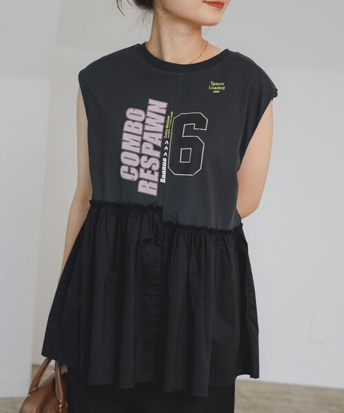 tシャツ パッツワーク ロゴ フリル Tシャツ レディース