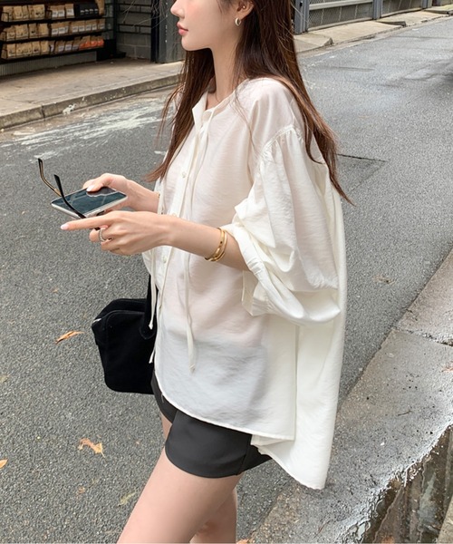 ブラウス シャツ パフスリーブコードネックシャツ レディース