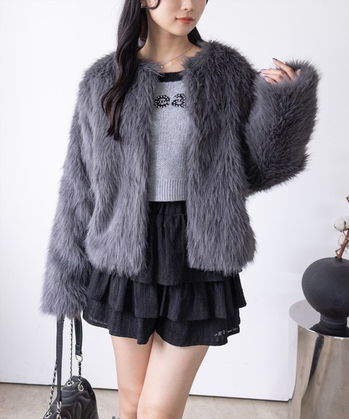 ジャケット・アウター clear clear ジャケット ノーカラージャケット フェイクファージャケット