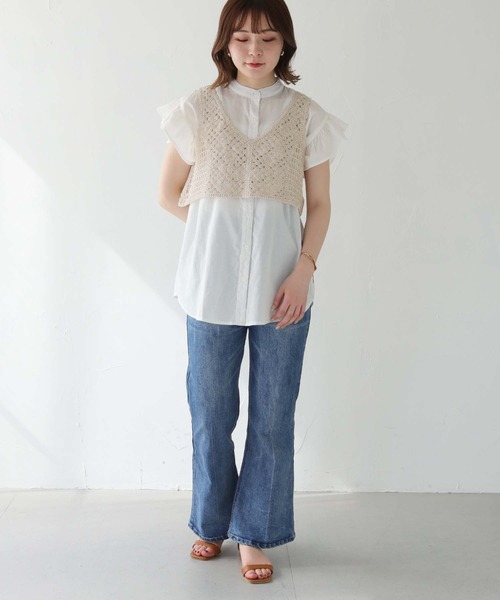 「HER CLOSET」 「SHE MO SHELLY」半袖ブラウス M モカ レディース_画像3