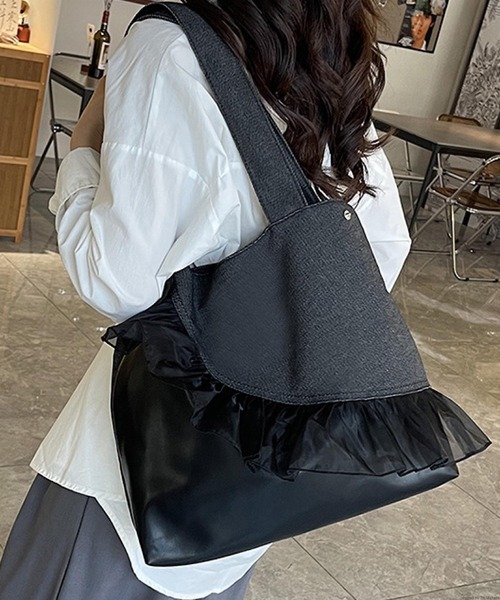 VIBGYOR トートバッグ Liaa/デニム フリル トートバッグ A18713