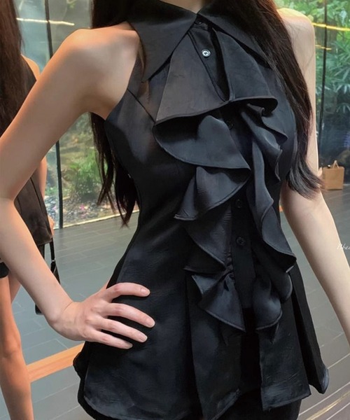 ★美品！DreAng ドレアング ノースリーブフリルシャツ ブラック S★ ADDITION STORE ブラウス シャツ ＼胸元のフリル大人女子っぽ