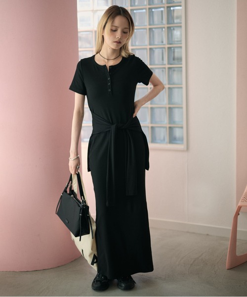 ワンピース henry neck waist cloth layered long dress /ヘンリー