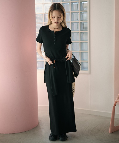 ジャスグリッティー ヘンリードロストワンピース ブラック 半袖ロングワンピース ワンピース 半袖 henry neck waist cloth layered long dress