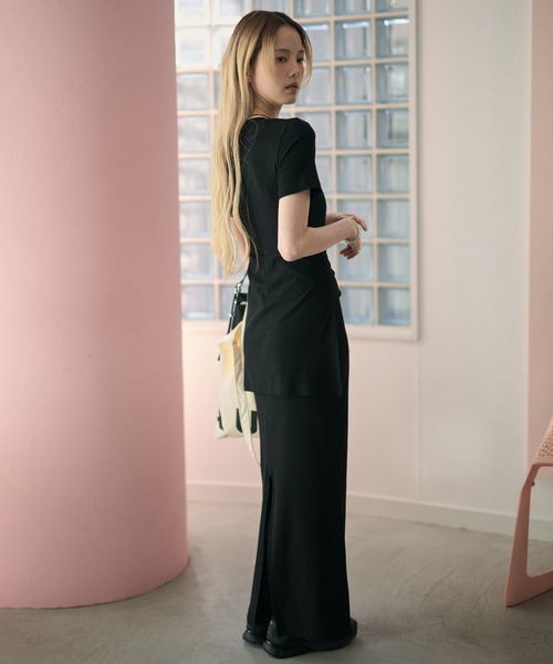 ワンピース henry neck waist cloth layered long dress /ヘンリー