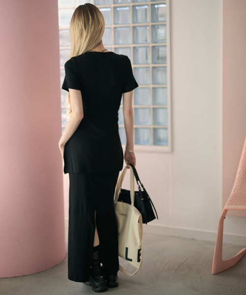 ワンピース 半袖 henry neck waist cloth layered long dress