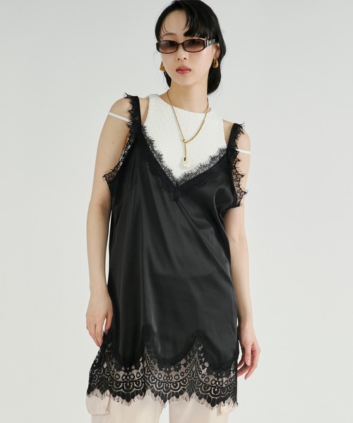 Ezick キャミソール Lace trim satin camisole/レースサテン