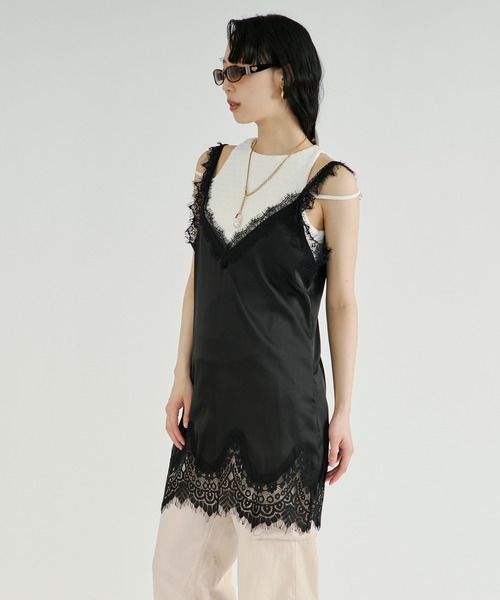 完売品　レーストリム　レースキャミソール サテン　ブラック Ezick キャミソール Lace trim satin camisole/レースサテン