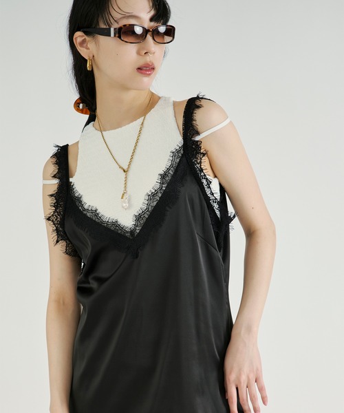 Ezick キャミソール Lace trim satin camisole/レースサテン