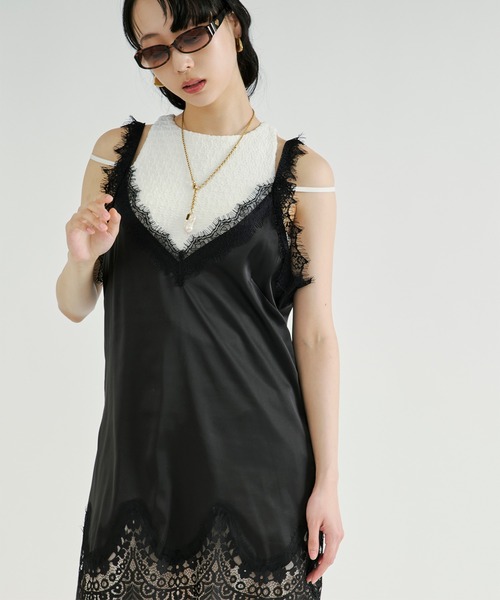 Ezick キャミソール Lace trim satin camisole/レースサテン