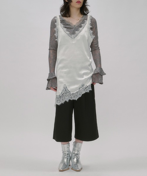 Ezick キャミソール Lace trim satin camisole/レースサテン