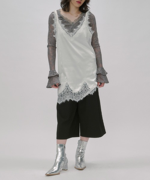 Ezick キャミソール Lace trim satin camisole/レースサテン