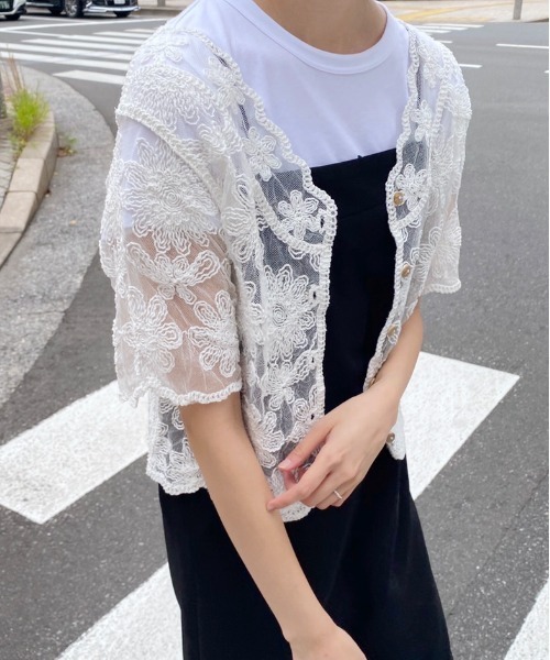 Ambre Ciel（アンブルシエル） カーディガン 半袖 花柄シアー
