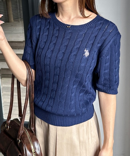【POLO】ケーブルニット セーター（半袖） Mサイズ 新色 ポロラルフローレン ポニー半袖コットンケーブルニット