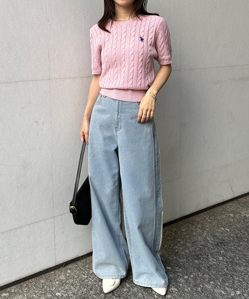 【POLO】ケーブルニット セーター（半袖） Mサイズ 新色 ポロラルフローレン ポニー半袖コットンケーブルニット