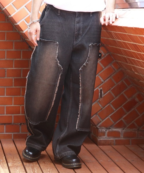 8 ジーンズ ダブルニーフリンジ加工デニムパンツ メンズ レディース