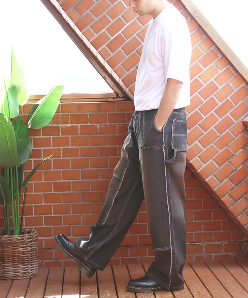 8 ワイドパンツ ジーンズ ダブルニーフリンジ加工デニムパンツ メンズ