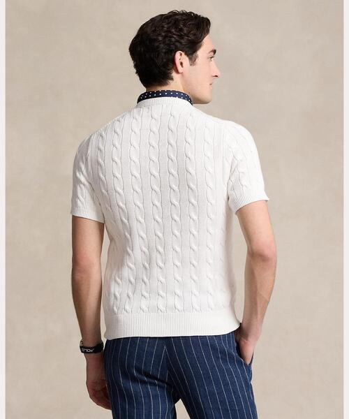 POLO RALPH LAUREN 半袖ケーブルニットコットン M 白い色ra POLO RALPH LAUREN】ケーブルニット ポロシャツ | (トップス
