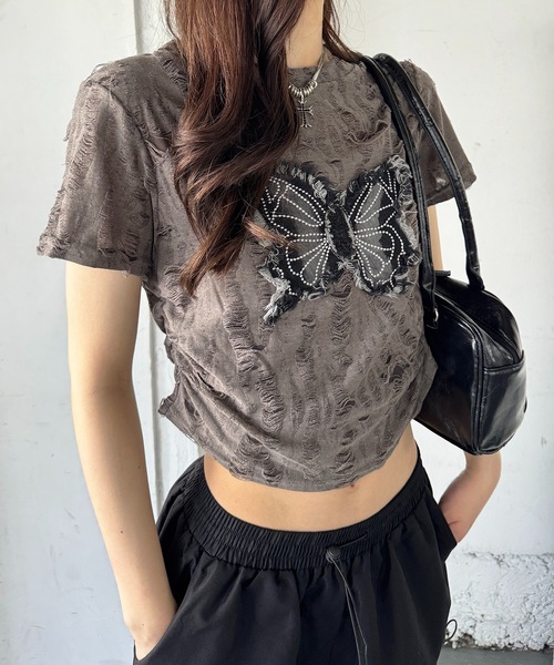 tシャツ 半袖 Y2Kバタフライモチーフコンパクトダメージ半袖Tシャツ