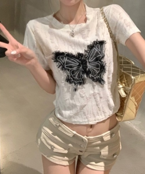 tシャツ バタフライモチーフコンパクトダメージTシャツ