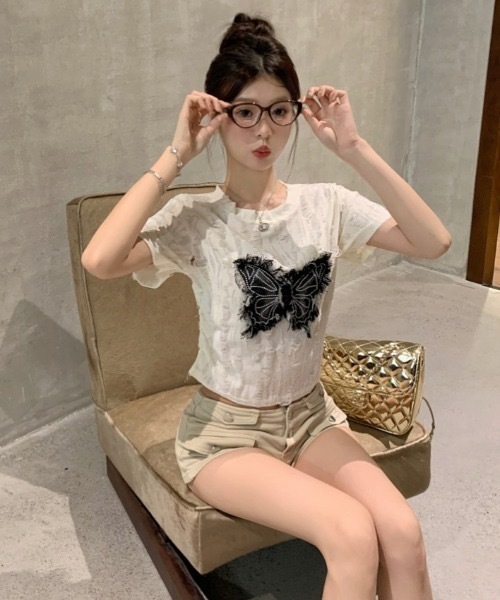 tシャツ ダメージバタフライTシャツ レディース セール】ダメージバタフライTシャツ（Tシャツ/カットソー