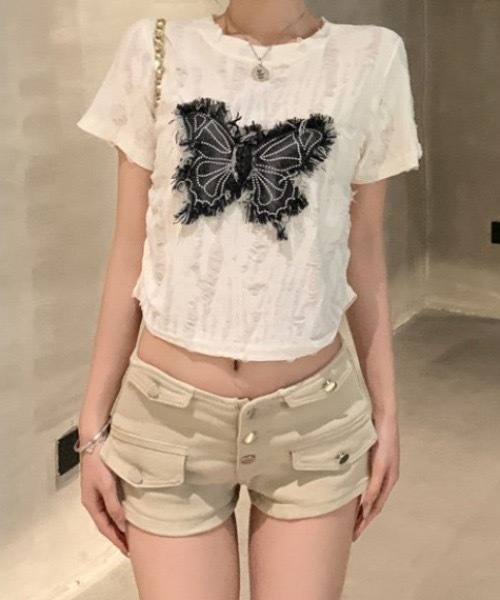 tシャツ 半袖 Y2Kバタフライモチーフコンパクトダメージ半袖Tシャツ