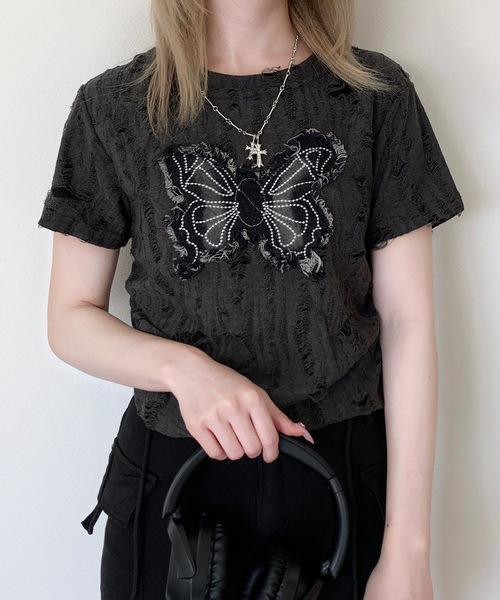 PUTUMAYO バタフライガールプリント Tシャツ ブラック レア品y2k tシャツ 半袖 Y2Kバタフライモチーフコンパクトダメージ半袖Tシャツ