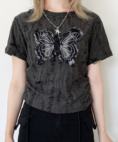 tシャツ 半袖 Y2Kバタフライモチーフコンパクトダメージ半袖Tシャツ