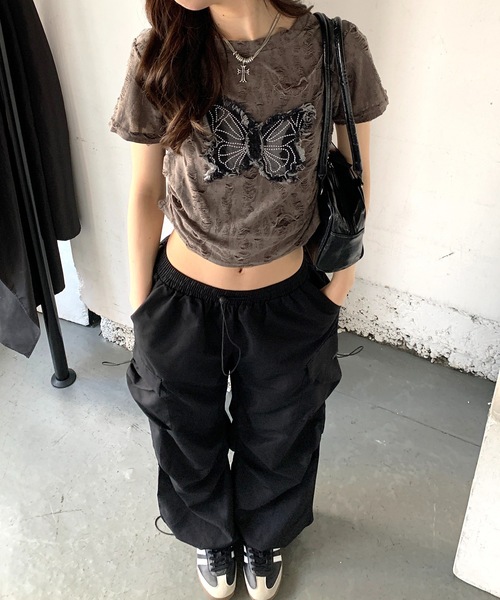 PUTUMAYO バタフライガールプリント Tシャツ ブラック レア品y2k tシャツ 半袖 Y2Kバタフライモチーフコンパクトダメージ半袖Tシャツ