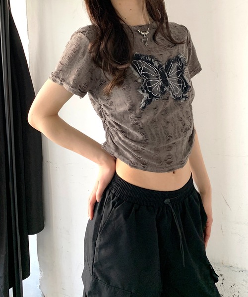 PUTUMAYO バタフライガールプリント Tシャツ ブラック レア品y2k tシャツ 半袖 Y2Kバタフライモチーフコンパクトダメージ半袖Tシャツ