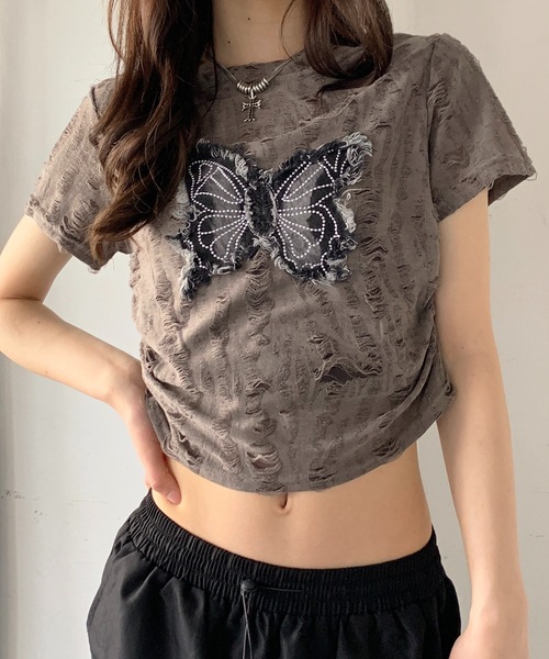 tシャツ 半袖 Y2Kバタフライモチーフコンパクトダメージ半袖Tシャツ