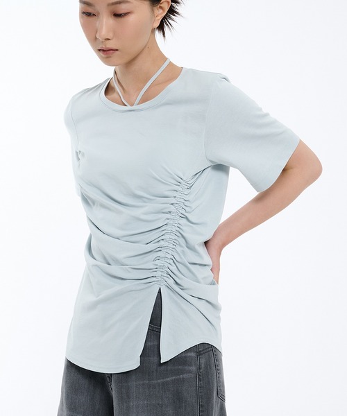 tシャツ アシメギャザーホルタートップス レディース