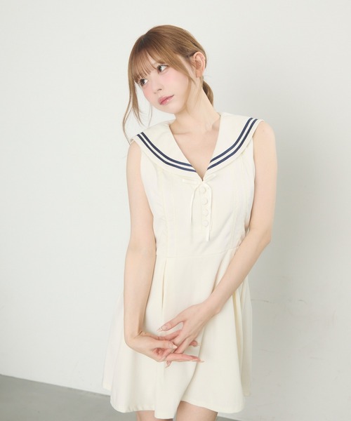 スターブリンク❤︎ノースリーブワンピース❤︎アポロカットドレス青 ノースリーブワンピース ひざ丈 フレア ボートネック ギャザー 8