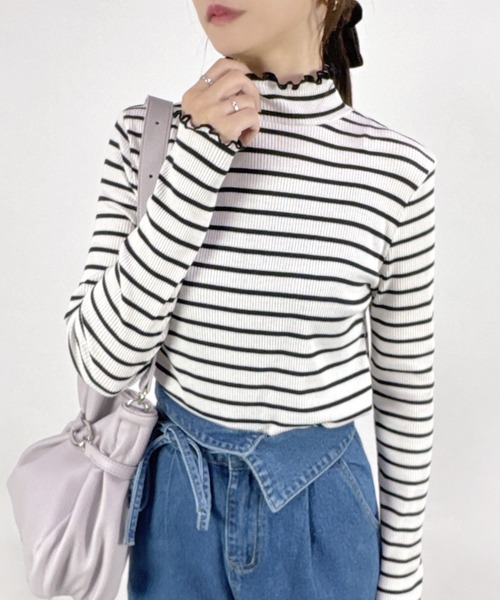 CLOTHY tシャツ 「さりげな可愛いは、配色フリルでつくる」テレコ長袖