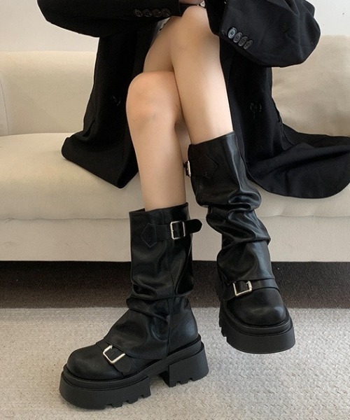 lilful ブーツ 「25年秋冬新作」シャーリング バックルベルト 厚底