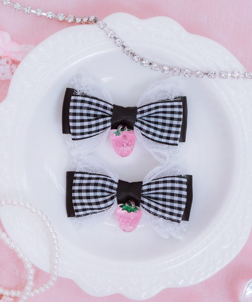 piki ペアチェキ mine by LAFARY ヘアクリップ チェックいちごリボン : ZOZOTOWN Yahoo