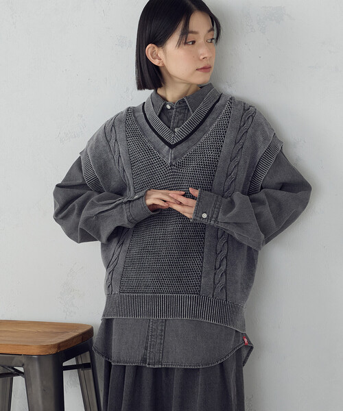  ジレ　値下げ歓迎 ジレ 値下げ歓迎 ベスト ジレ デニム調ニットベスト レディース