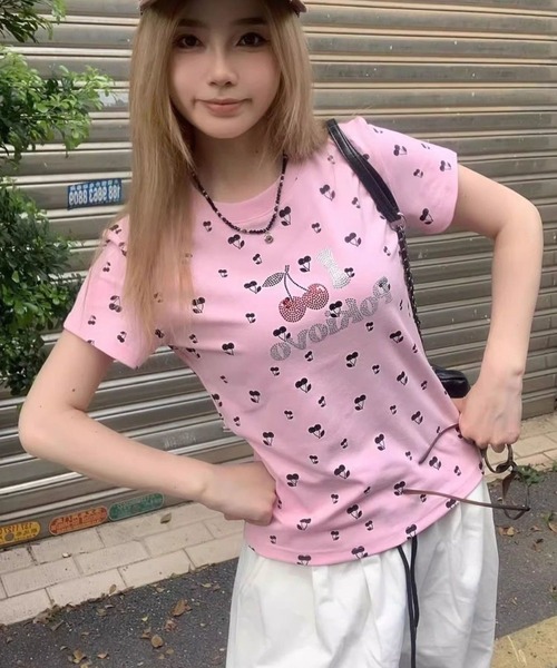 ViViDAY tシャツ 半袖 フロントラインストーンチェリー＆英字ロゴ