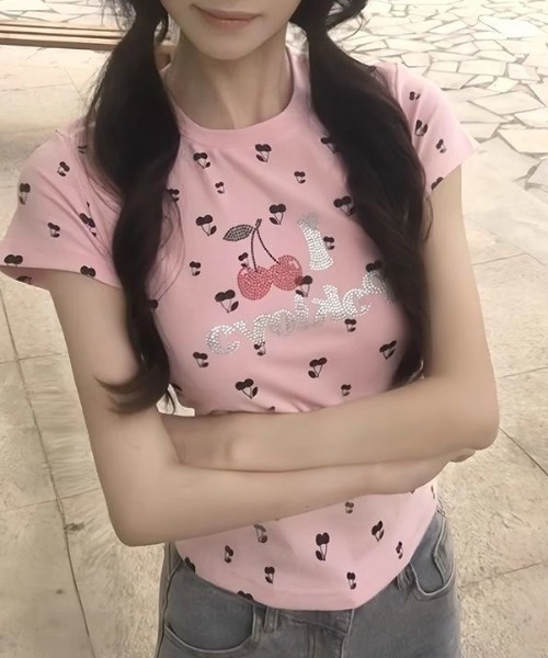 ViViDAY tシャツ 半袖 フロントラインストーンチェリー＆英字ロゴ