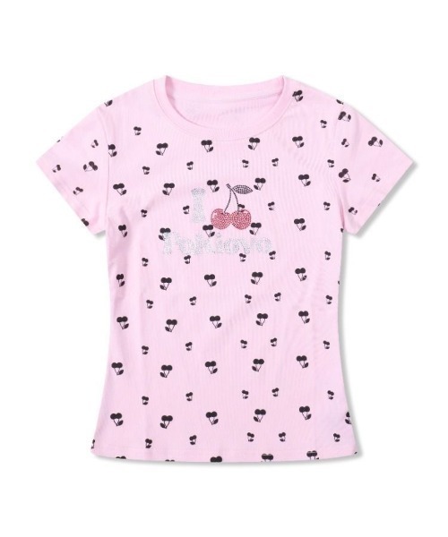 ViViDAY tシャツ 半袖 フロントラインストーンチェリー＆英字ロゴ