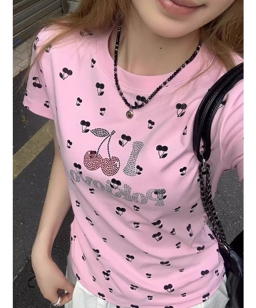 ViViDAY tシャツ 半袖 フロントラインストーンチェリー＆英字ロゴ