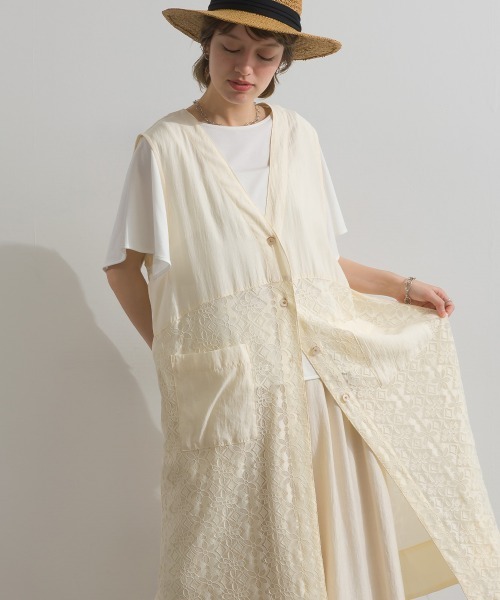 le colis（ルコリ） ベスト ジレ 夏 レース 切り替え ロングジレ