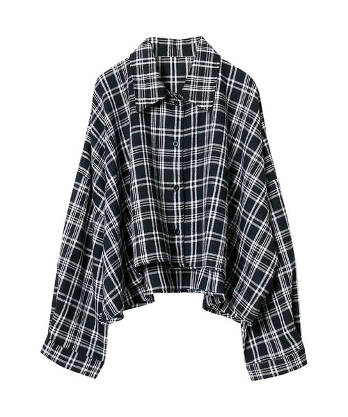シャツ ブラウス クロップド丈チェック柄長袖スーパーワイドシャツ