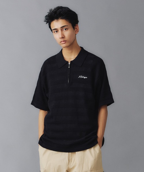 XLARGE ブラック ジップアップメッシュポロシャツ XLサイズ XLARGE ポロシャツ STRIPED MESH KNIT POLO SHIRT メンズ